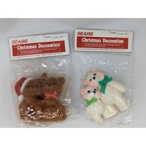 Sears Christmas Ornament Flocked Bears Lot of 2 White Brown a